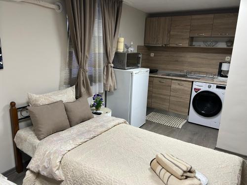 małą sypialnię z łóżkiem i kuchnią w obiekcie Guest House Tatiana Studio w mieście Petricz