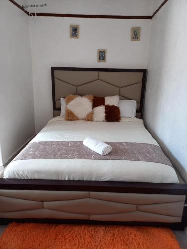 a bed with brown and white pillows on it at Nash Studio AirbnB in Nakuru