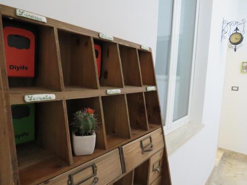 een houten boekenplank met een potplant erin bij Casa Veneto in Mazara del Vallo