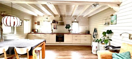a kitchen with a table and chairs in a room at Het Wierhuis in Pieterburen