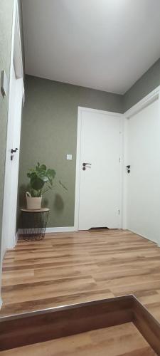 a room with a white door and a potted plant at Dom nad jeziorem WIDOKówka in Żywiec