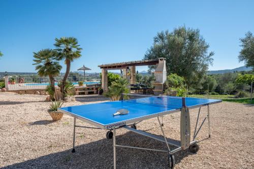 a blue ping pong table in front of a pool at Finca Son Puca in Petra