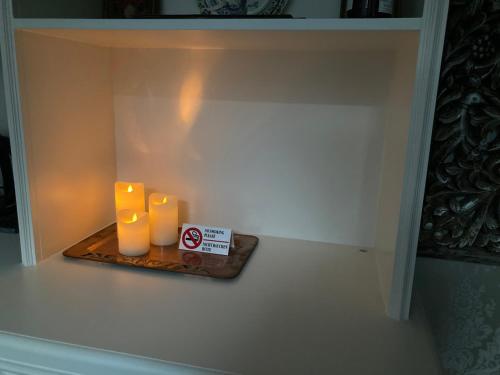 two candles sitting on a shelf in a room at GuesthouseOne in Haarlem
