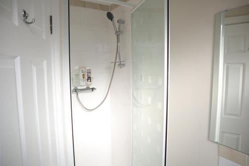 La salle de bains est pourvue d'une douche et d'une porte en verre. dans l'établissement Twelve Thirty Serviced Apartments - 1 Croydon, à South Norwood