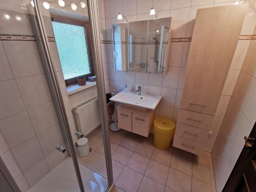 a bathroom with a shower and a sink and a mirror at Ferienwohnung am Moosweg in Siegsdorf