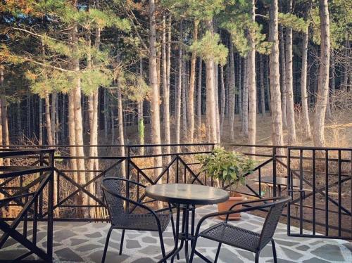 um pátio com uma mesa, cadeiras e árvores em Hotel Surami em Surami