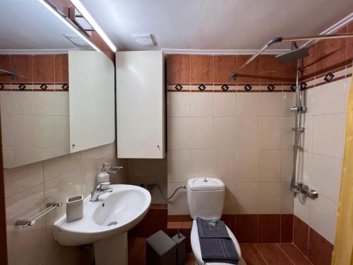 ein Badezimmer mit einem Waschbecken, einem WC und einem Spiegel in der Unterkunft City House Comfort 1 in Kalamata