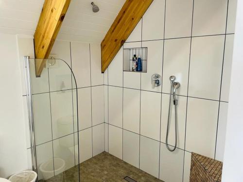 a bathroom with a shower with a glass door at CVista in Jacobs Bay