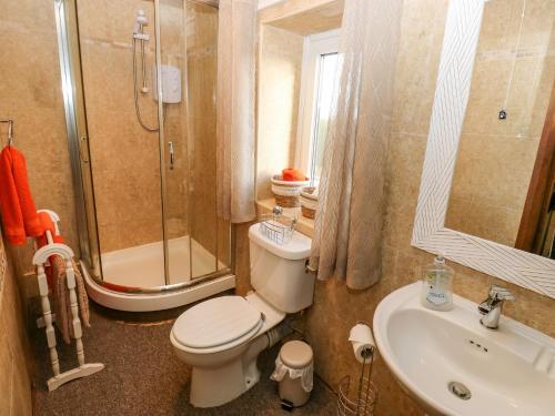 La salle de bains est pourvue de toilettes, d'une douche et d'un lavabo. dans l'établissement Prospect Cottage, à Sowerby Bridge