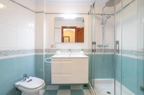 a bathroom with a sink and a shower and a toilet at Terraza Mar y Montaña in Nerja