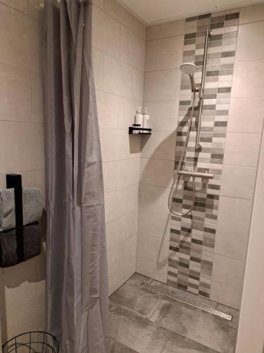 eine Dusche mit Duschvorhang im Bad in der Unterkunft studio ' aan de Nieuwstraat ' Sint Annaland in Sint-Annaland