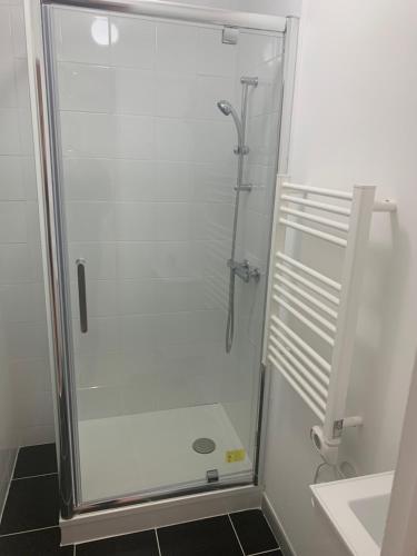 y baño con ducha y puerta de cristal. en Villa Tenjin chambre 5, en Bondy