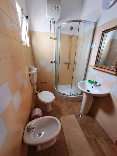 a bathroom with a shower and a toilet and a sink at Apart-Hotel Ca Elsa in Sal Rei