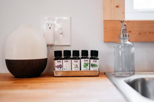 a kitchen counter with four bottles of spices next to a sink at Hygge Up North Bungalow in Bellaire