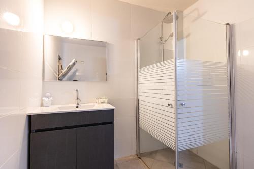 a bathroom with a sink and a shower at אירוח פינת חן in Ramot Naftali
