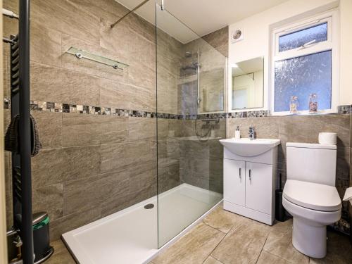 a bathroom with a shower and a toilet and a sink at 2 Orchard Leigh in Austwick