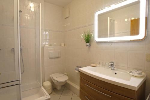 a bathroom with a sink and a toilet and a shower at AKZENT Waldhotel Spa Rügen in Göhren