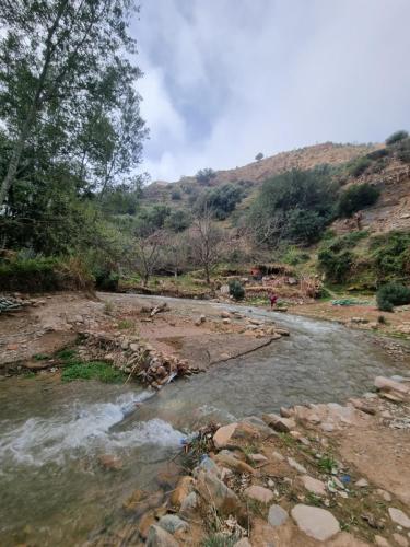 a river with rocks and trees on a hill at L'oliveraie D'amizmiz in Amizmiz
