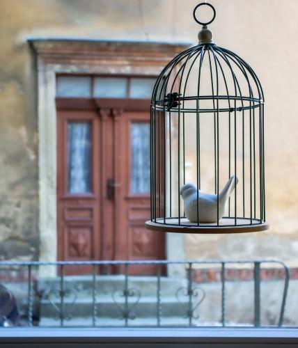 a bird in a bird cage in front of a door at Villa Sachsenhof - Pension - Frühstück buchbar - nur 700m vom Gesundheitsbad ACTINON in Bad Schlema