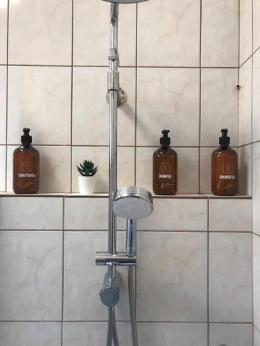 y baño con ducha y 2 botellas de jabón. en Plateia sea view loft en Samos
