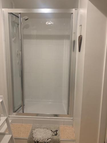 a shower with a glass door in a bathroom at Counting Sheep in Great Longstone