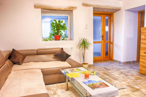 a living room with a couch and a table at Ubytování na statku in Holubov