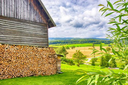 a barn with a pile of wood next to it at Ubytování na statku in Holubov