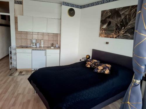 Cet appartement comprend une chambre avec un lit noir et une cuisine. dans l'établissement Ferienwohnung NEXUS, à Schleswig