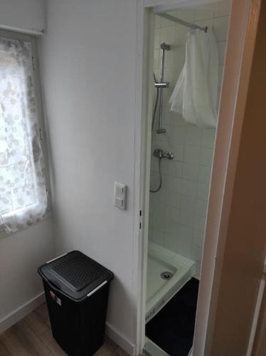 La salle de bains est pourvue d'une douche et d'une poubelle noire. dans l'établissement T2 Duplex Pamiers Plein Centre - Logement entier - Nouveau, à Pamiers
