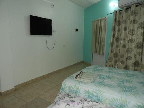 1 dormitorio con 1 cama y TV de pantalla plana en Departamento WISCZOREK en Puerto Iguazú