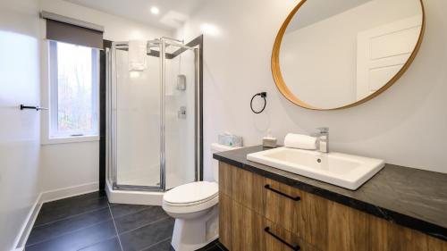 a bathroom with a toilet and a sink and a mirror at Chalet Listra peace & spa - 16 min to Tremblant in La Conception