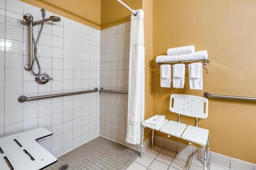 a bathroom with a shower and a toilet at Quality Inn & Suites Springfield Southwest near I-72 in Springfield