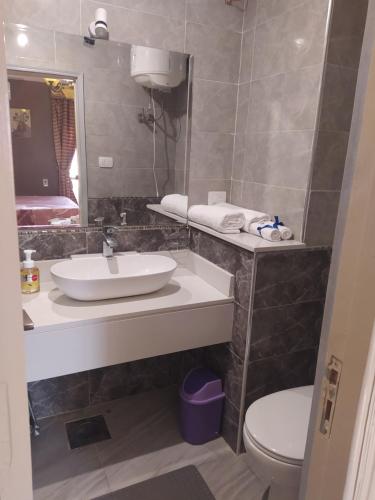 ein Badezimmer mit einem Waschbecken, einem WC und einem Spiegel in der Unterkunft Elites 1 in Alexandria