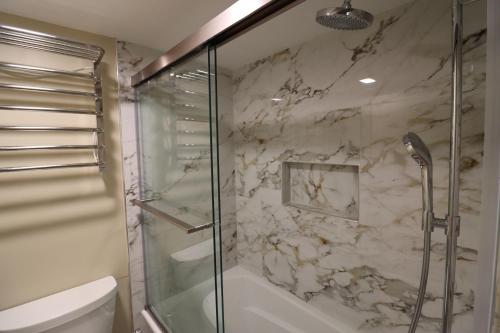 a bathroom with a shower and a toilet and a sink at Oceanfront beach, sky, & dolphins in Virginia Beach