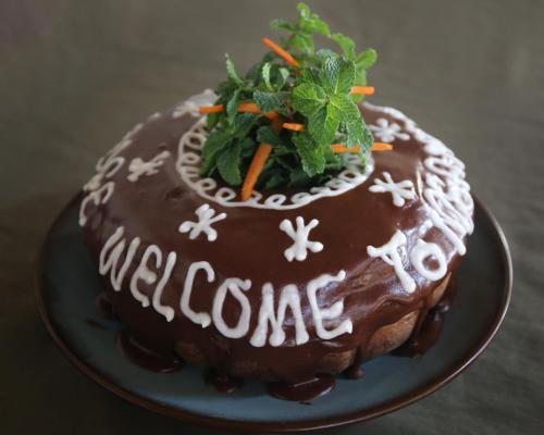 a chocolate cake with the word welcome on it at Msandile River Lodge in Kakumbi