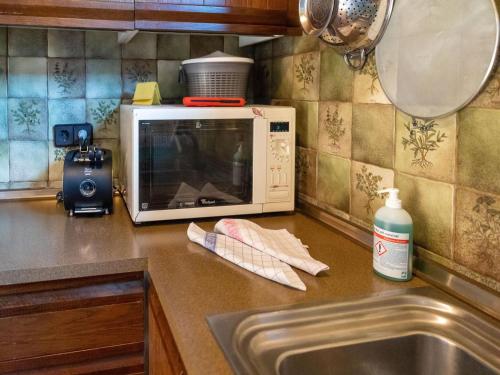 a kitchen counter with a microwave and a sink at Centrally Located Apartment in Bad Kleinkirchheim in Bad Kleinkirchheim