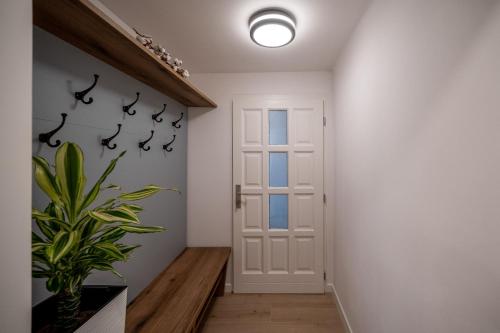 a hallway with a white door and a plant at House Leska in Kranjska Gora