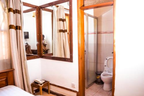 a bathroom with a mirror and a toilet at Happy Rhino Lodge in Arusha
