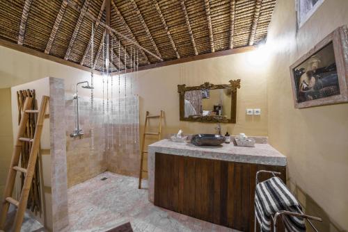 a bathroom with a shower and a sink and a mirror at Villa Matahari - Cute 1 bdr villa with private pool in Gili Meno