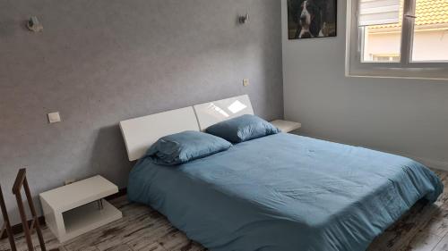 Schlafzimmer mit einem Bett mit blauer Bettwäsche und einem Fenster in der Unterkunft Maison familiale avec jardin clos et barbecue in Le Puy en Velay