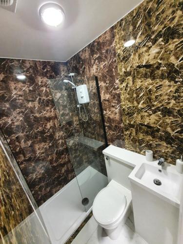 a bathroom with a toilet and a shower and a sink at The Suite in Grays Thurrock
