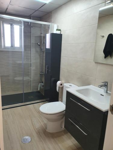 a bathroom with a toilet and a shower and a sink at Piso Acuario in Puerto de Mazarrón
