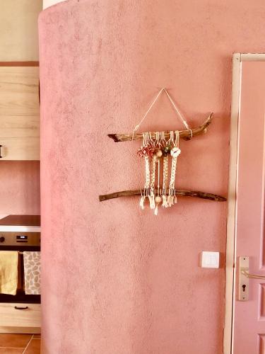 a pink wall with a bunch of bones hanging on it at Domaine Plan des Devens in Roussillon