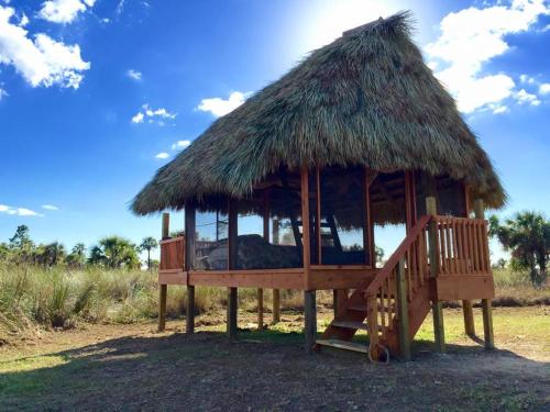 Cabaña pequeña con techo de hierba y escalera en Everglades Chickee Cottage & Bungalow - Ochopee, en Ochopee