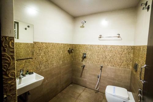 偉傑瓦拉的住宿－HOTEL PARAMESHWARA luxury awaits，一间带卫生间和水槽的浴室