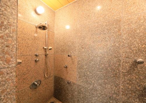 a bathroom with a shower with a tiled wall at Kamogawa Grand Tower in Kamogawa
