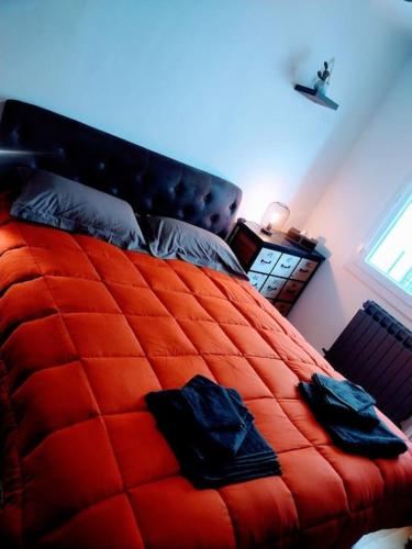- un lit rouge avec 2 oreillers bleus dans l'établissement Le Passe-Port pour Marseille, à Marseille