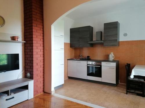 kuchnia z białymi urządzeniami i ceglaną ścianą w obiekcie Apartment in Biograd na Moru with Terrace, Air conditioning, Wi-Fi 4801-1 w Biogradzie na Moru