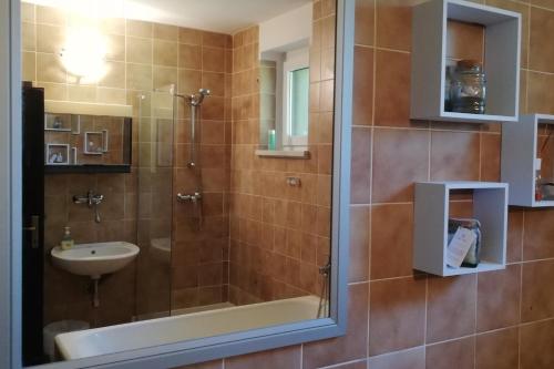 ein Bad mit einer Dusche und einem Waschbecken in der Unterkunft Holiday Home Vesenjak in Maribor