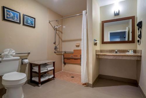 a bathroom with a toilet and a sink and a shower at Comfort Suites Mobile West/Tillmans Corner in Mobile